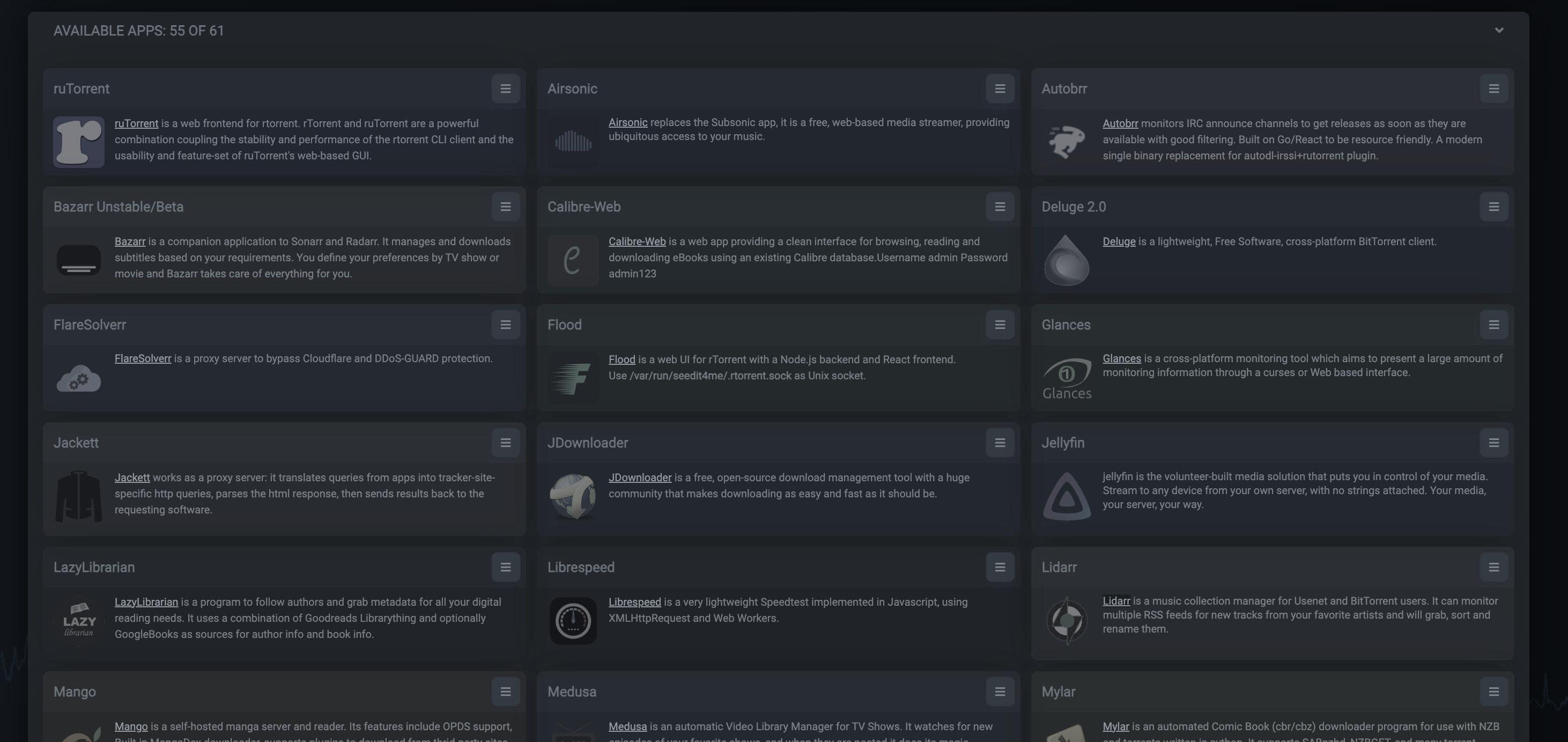 The app catalog includes descriptions and per-app menus.