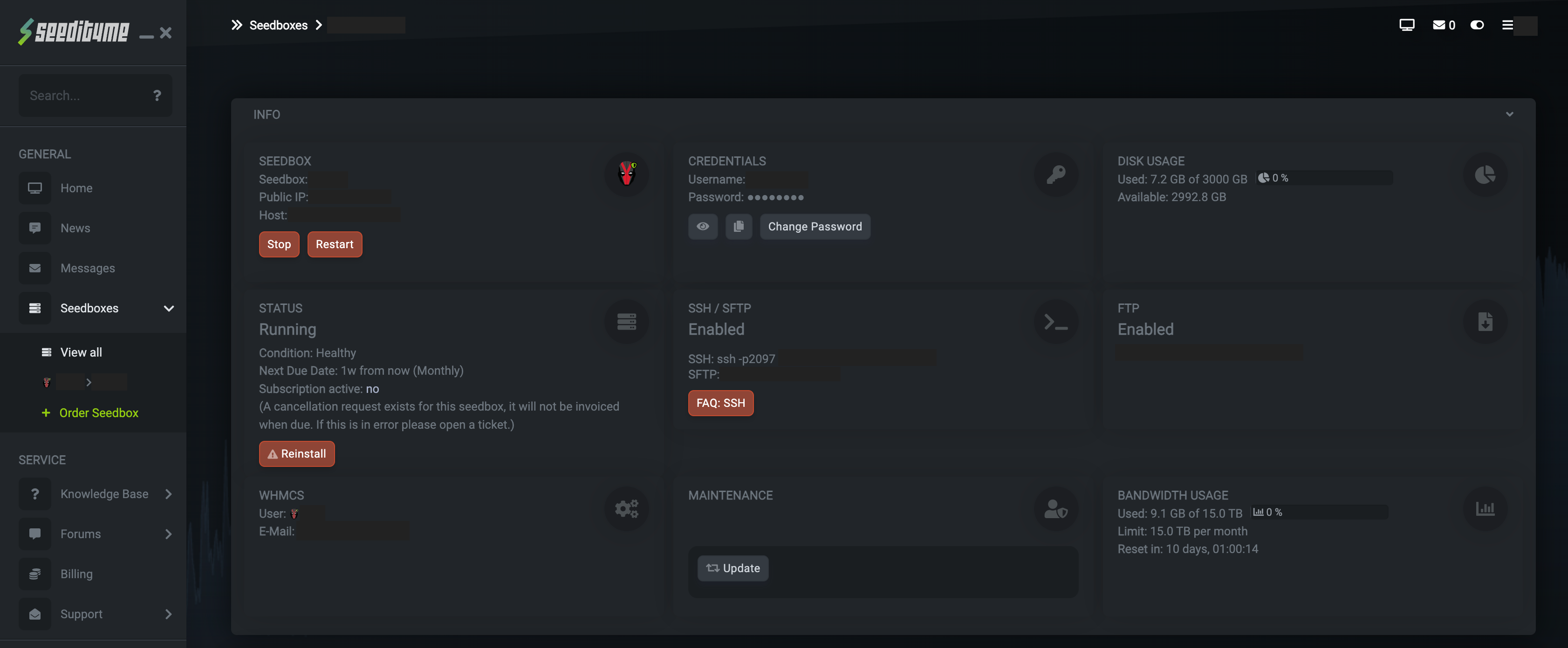 The service overview includes separate controls for SSH access and maintenance.